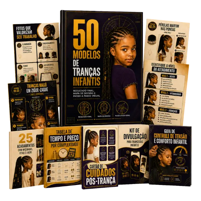Mockup do Catálogo Tranças Kids com capa, páginas internas e bônus